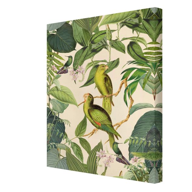 Quadro verde Collage vintage - Pappagalli nella giungla