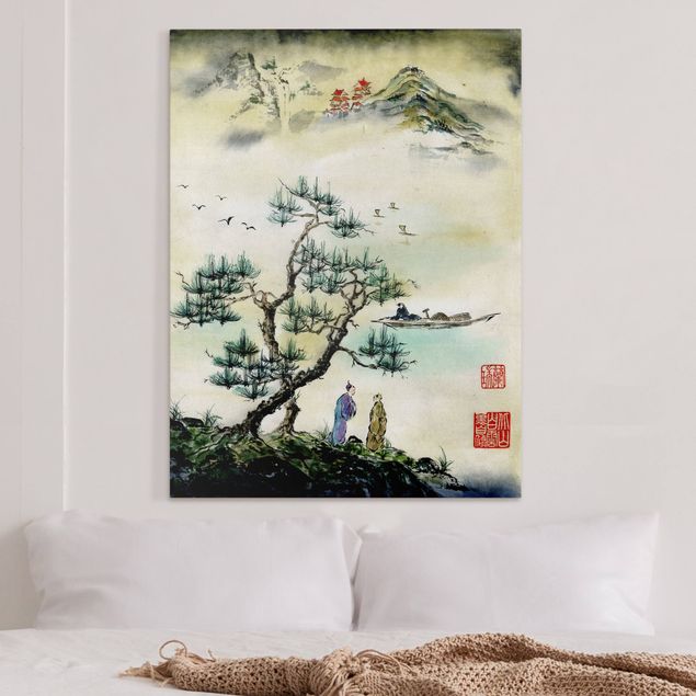 Quadri su tela con montagne Disegno acquerello giapponese pino e villaggio di montagna