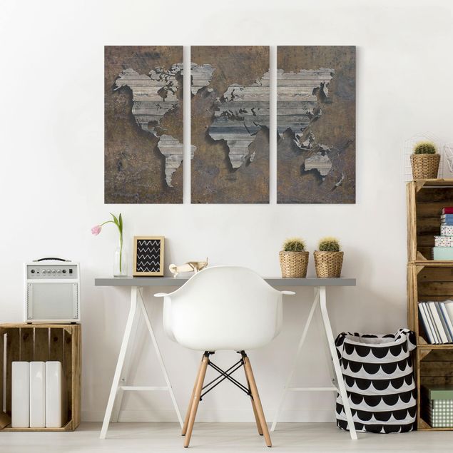 Quadro planisfero Mappa del mondo con griglia di legno