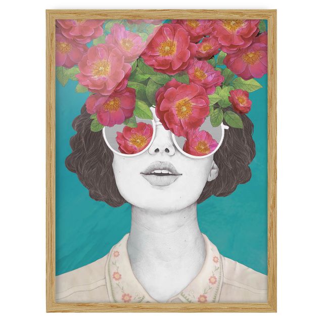 Quadri moderni colorati Illustrazione - Ritratto di Donna - Collage con Fiori Occhiali