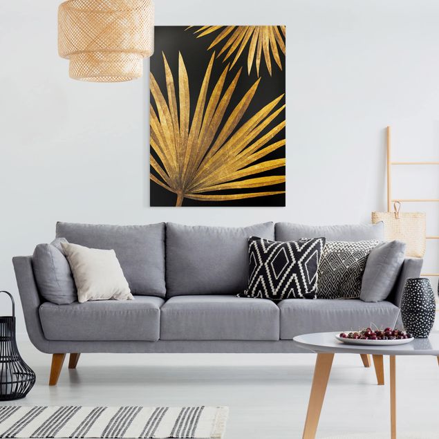 Quadri floreali moderni Oro - Foglia di palma su nero