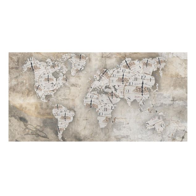 Stampe su tela Orologi Shabby - Mappa del Mondo