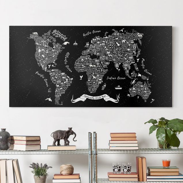 Quadro planisfero Tipografia - Mappa del mondo nero