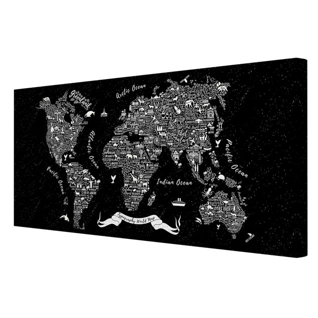 Quadri su tela Tipografia - Mappa del mondo nero
