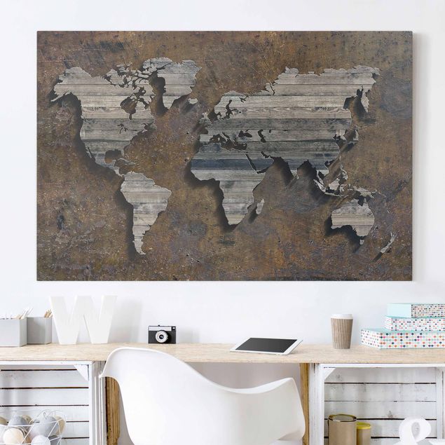 Quadro mappamondo Mappa del mondo con griglia di legno