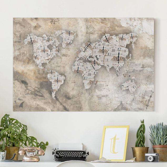 Quadro vintage Orologi Shabby - Mappa del Mondo