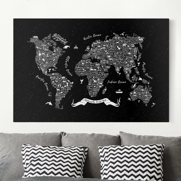 Quadro mappamondo Tipografia - Mappa del mondo nero