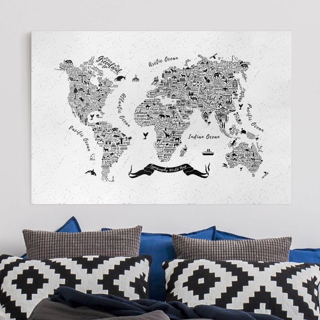 Quadri in bianco e nero Mappa del mondo - tipografica bianca