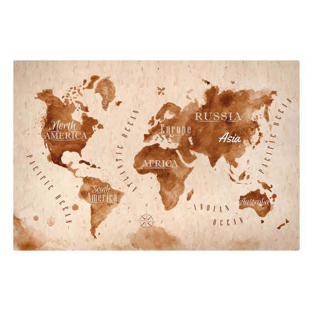 Stampe Mappa del mondo Acquerello Beige Marrone