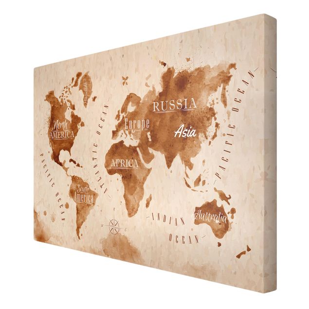 Stampe su tela Mappa del mondo Acquerello Beige Marrone