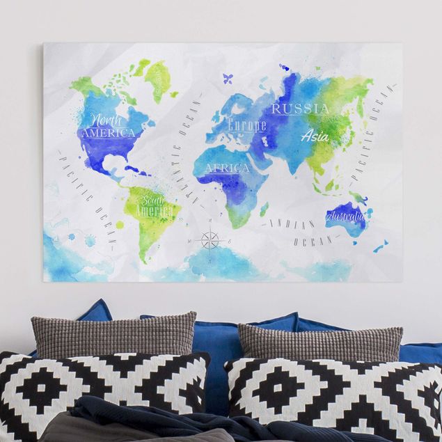 Quadro moderno Mappa del mondo Acquerello Blu Verde