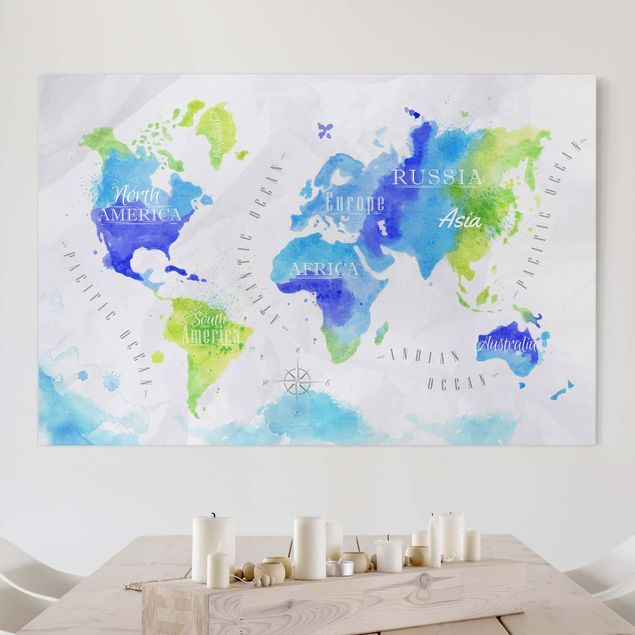 Quadro mappamondo Mappa del mondo Acquerello Blu Verde