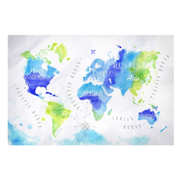Quadro verde Mappa del mondo Acquerello Blu Verde