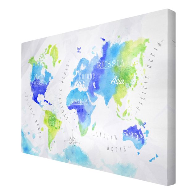 Quadri Mappa del mondo Acquerello Blu Verde