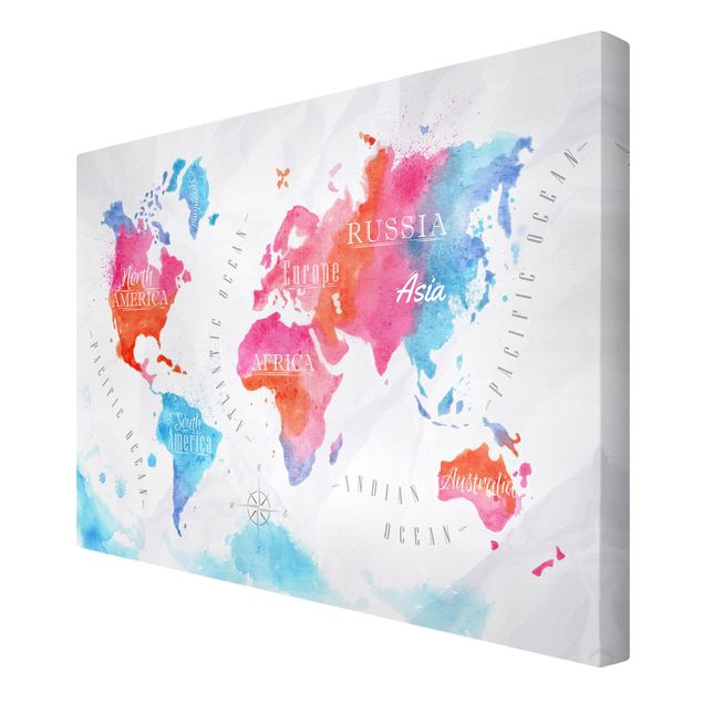 Quadri stampe Mappa del mondo Acquerello Rosso Blu