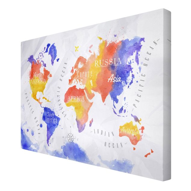 Quadri stampe Mappa del mondo acquerello viola rosso giallo
