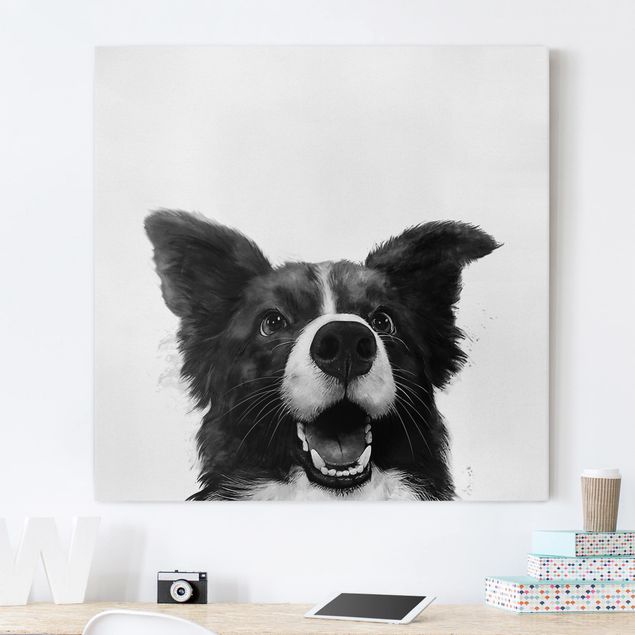 Quadri su tela con cani Illustrazione - Cane Border Collie Pittura in bianco e nero