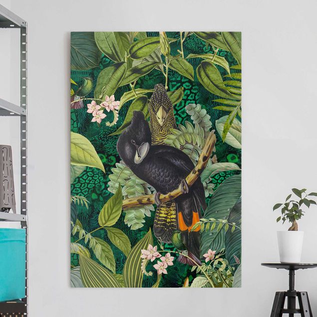 Quadri su tela con uccelli Collage colorato - Cacatua nella giungla