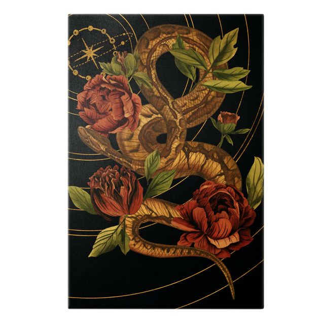 Quadri sfondo nero Serpente con rose oro e nero IV