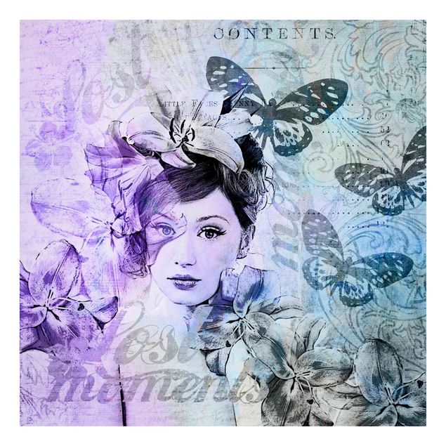 Riproduzioni quadri Collage Shabby Chic - Ritratto con farfalle