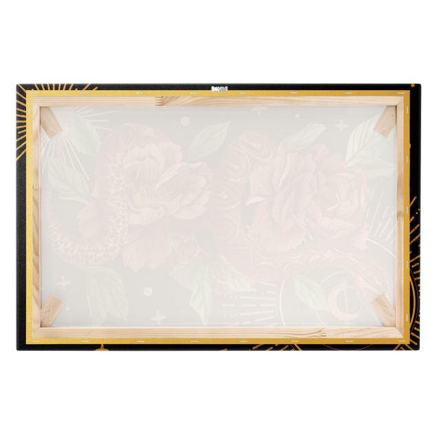 Quadro su tela oro - Serpente con rose su sfondo nero e oro II