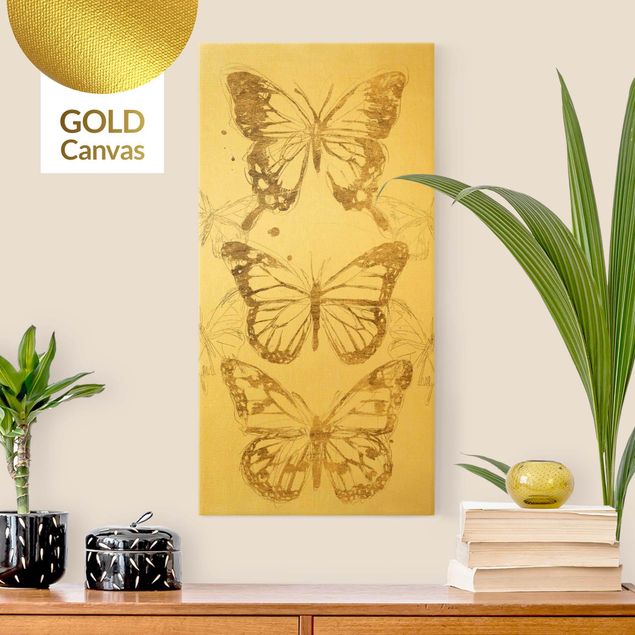 Quadri su tela con farfalle Composizione di farfalle in oro I