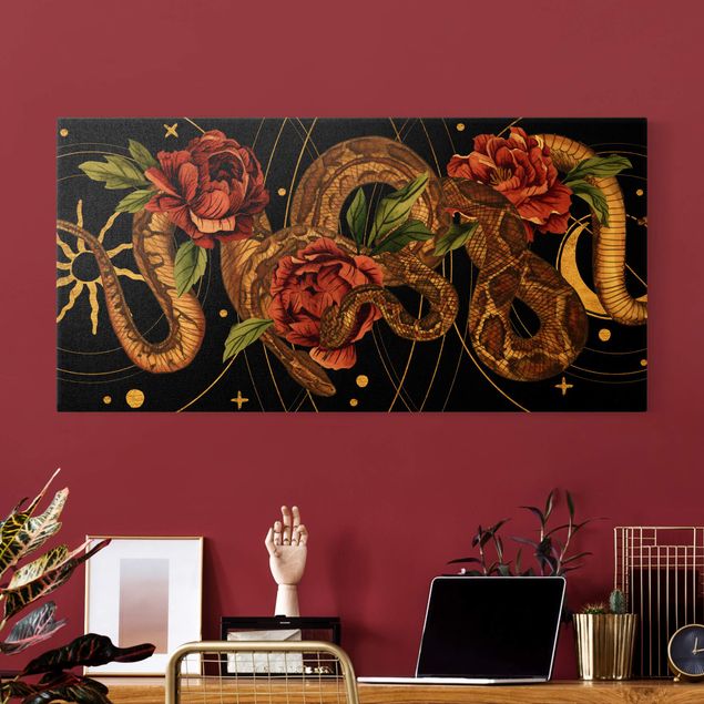 Quadro moderno Serpenti con rose su oro e nero I