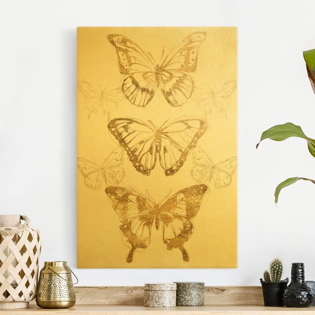 Quadri su tela con farfalle Composizione di farfalle in oro II