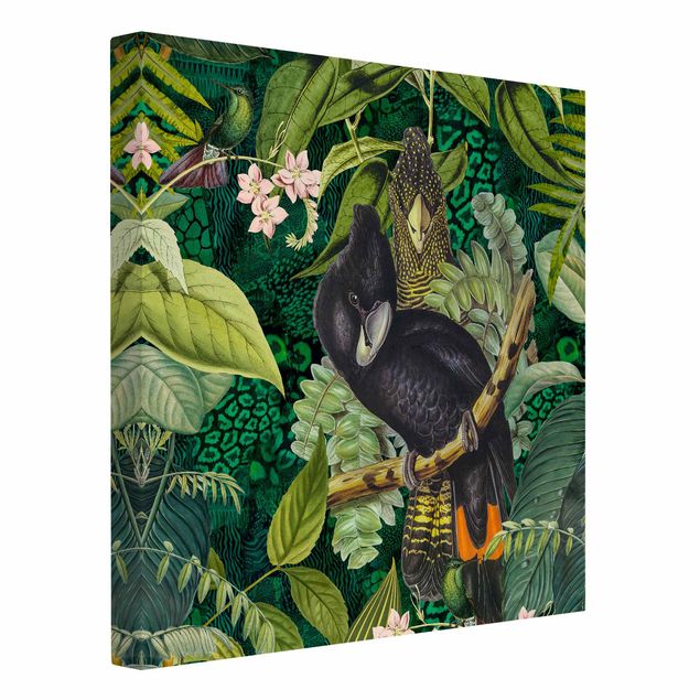 Quadri con fiori Collage colorato - Cacatua nella giungla