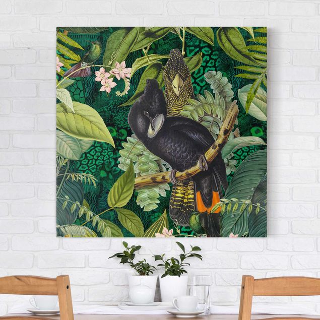 Quadri su tela con uccelli Collage colorato - Cacatua nella giungla