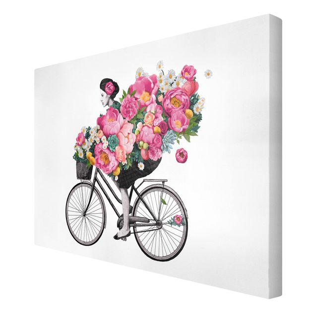 Quadri Laura Graves Art Illustrazione - Donna in bicicletta - Collage di fiori colorati