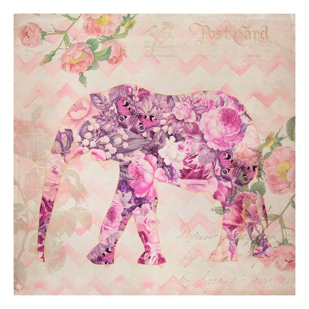 Quadri su tela con farfalle Collage vintage - Fiori rosa elefante