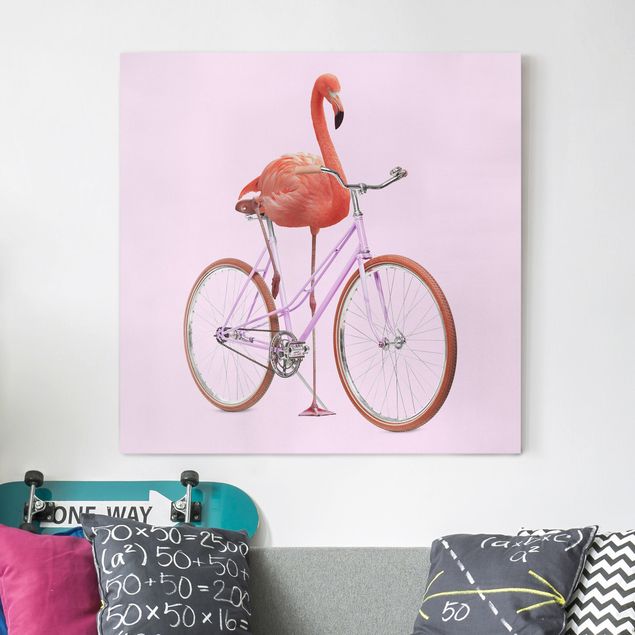 Quadri su tela con uccelli Fenicottero con bicicletta