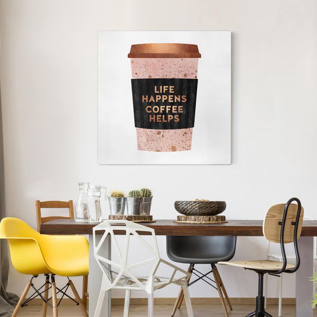 Quadri su tela con caffè Life Happens Coffee Helps oro