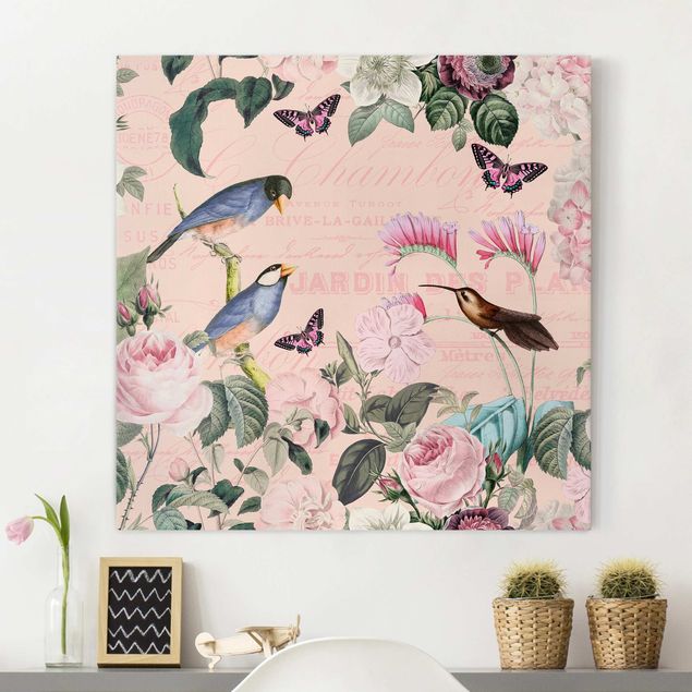 Quadri su tela con rose Collage vintage - Rose e uccelli