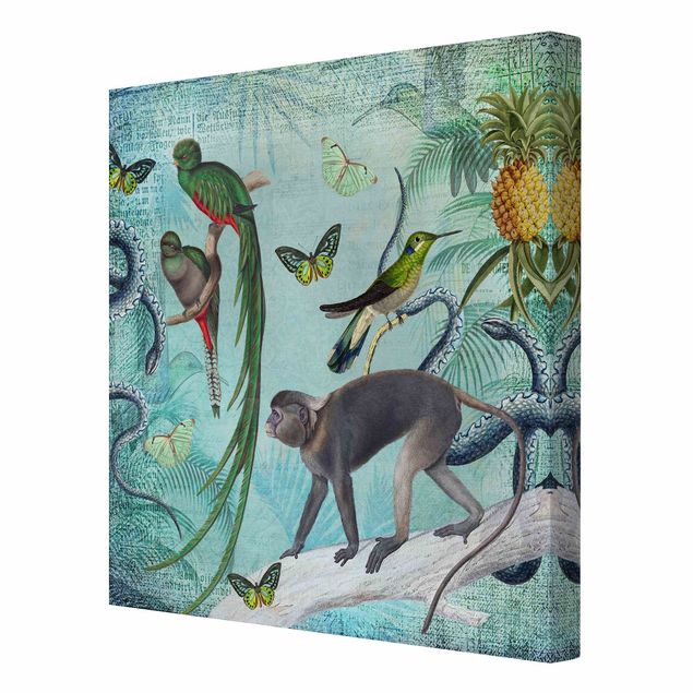 Quadri fiori Collage in stile coloniale - Scimmie e uccelli del paradiso