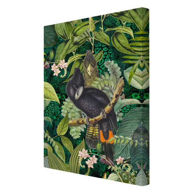 Quadro verde Collage colorato - Cacatua nella giungla
