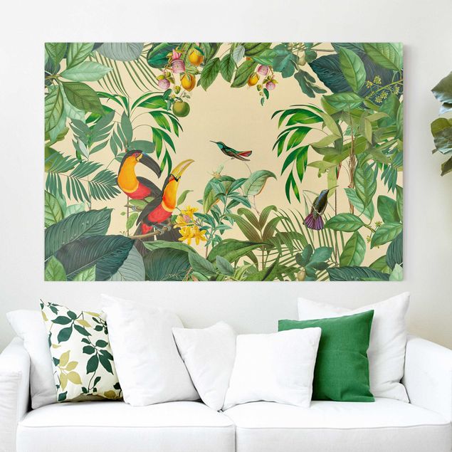 Quadri su tela con uccelli Collage vintage - Uccelli nella giungla