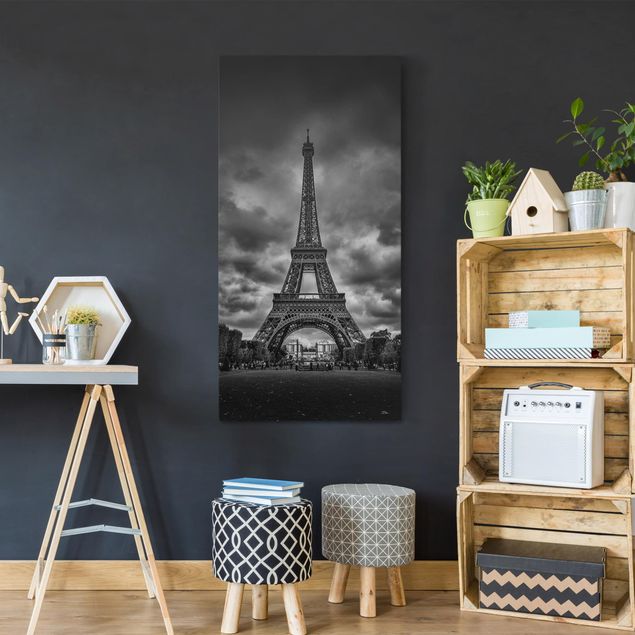 Stampa su tela parigi Torre Eiffel davanti alle nuvole in bianco e nero