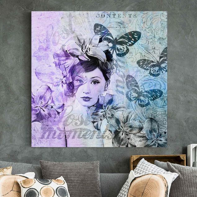 Quadri su tela con farfalle Collage Shabby Chic - Ritratto con farfalle
