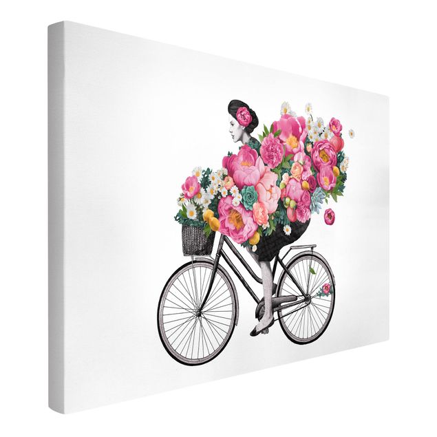 Riproduzioni quadri famosi Illustrazione - Donna in bicicletta - Collage di fiori colorati