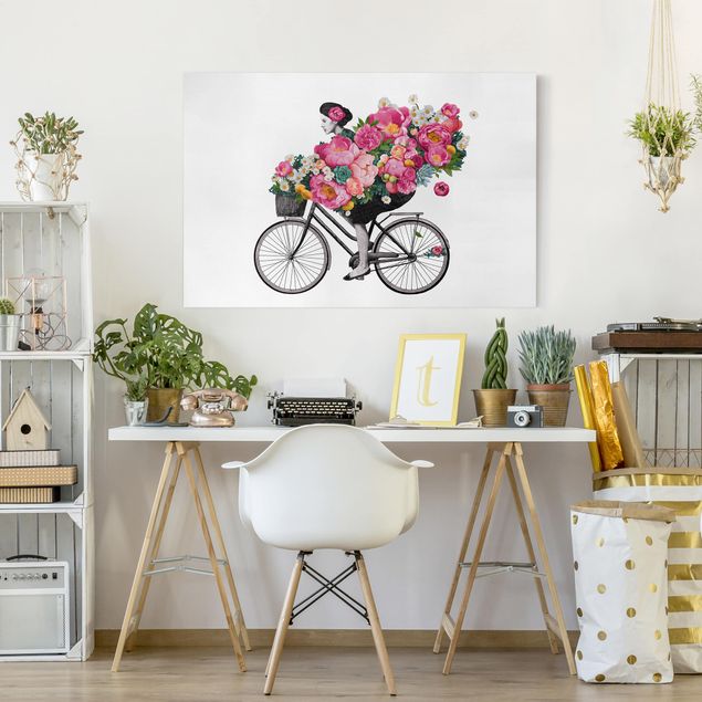 Quadri fiori Illustrazione - Donna in bicicletta - Collage di fiori colorati