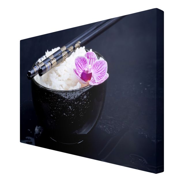 Quadri sfondo nero Ciotola di riso con orchidea