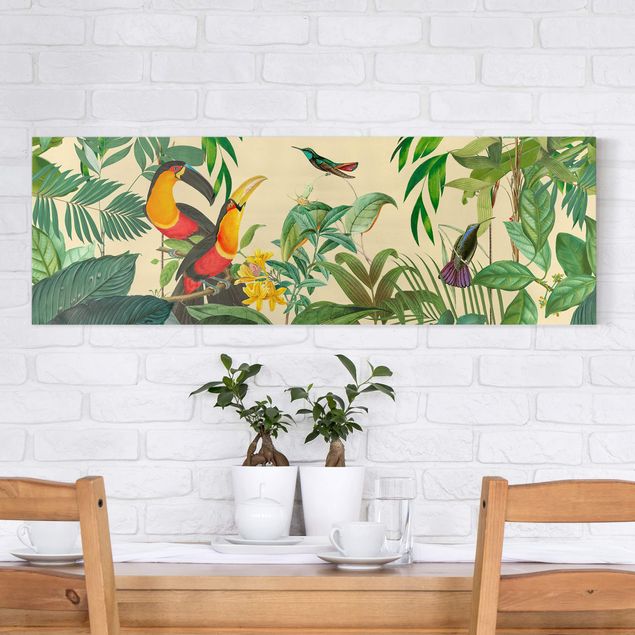 Quadri su tela con uccelli Collage vintage - Uccelli nella giungla