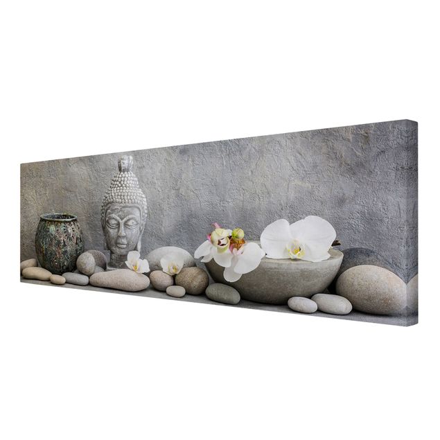 Quadri moderni grigi Buddha Zen con orchidee bianche
