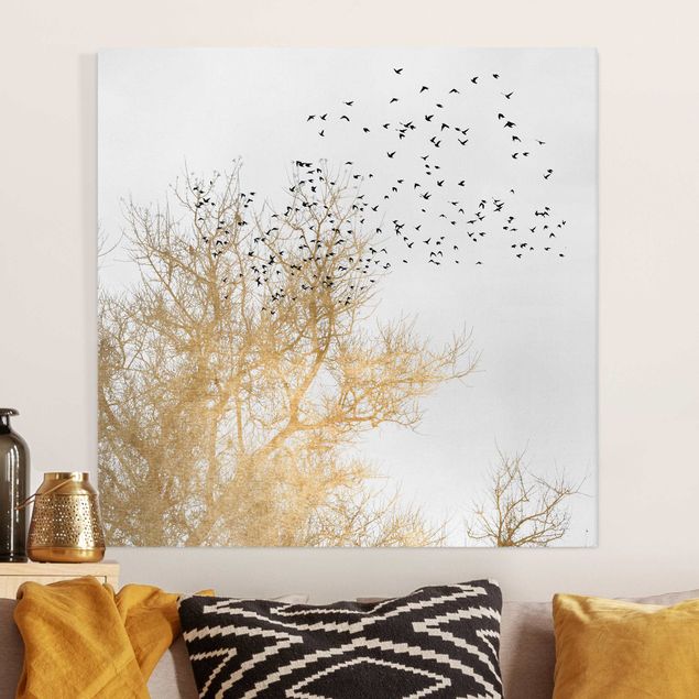 Quadri su tela con uccelli Stormo di uccelli davanti all'albero d'oro