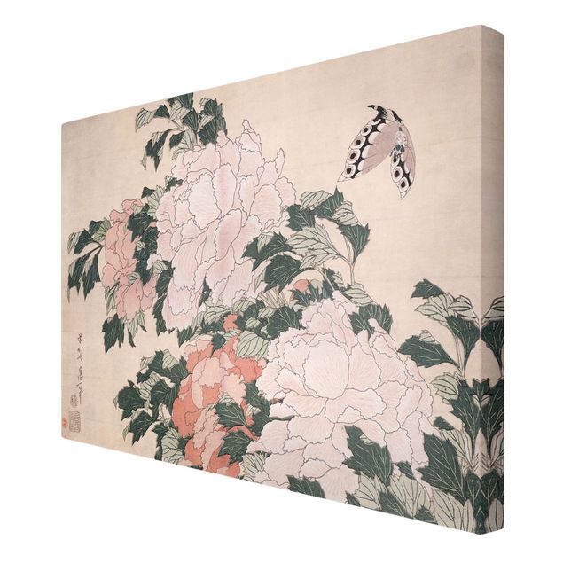 Quadri moderni   Katsushika Hokusai - Peonie rosa con farfalla