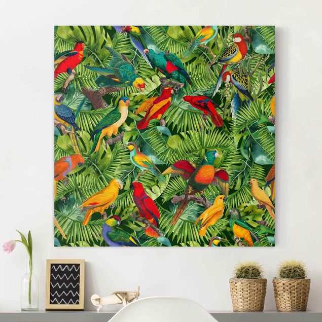 Quadri su tela con uccelli Collage colorato - Pappagalli nella giungla