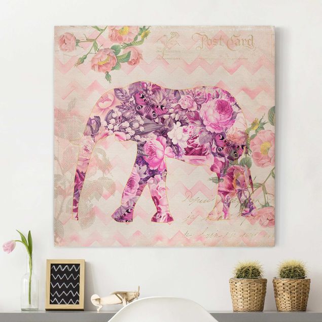 Quadri su tela con elefanti Collage vintage - Fiori rosa elefante