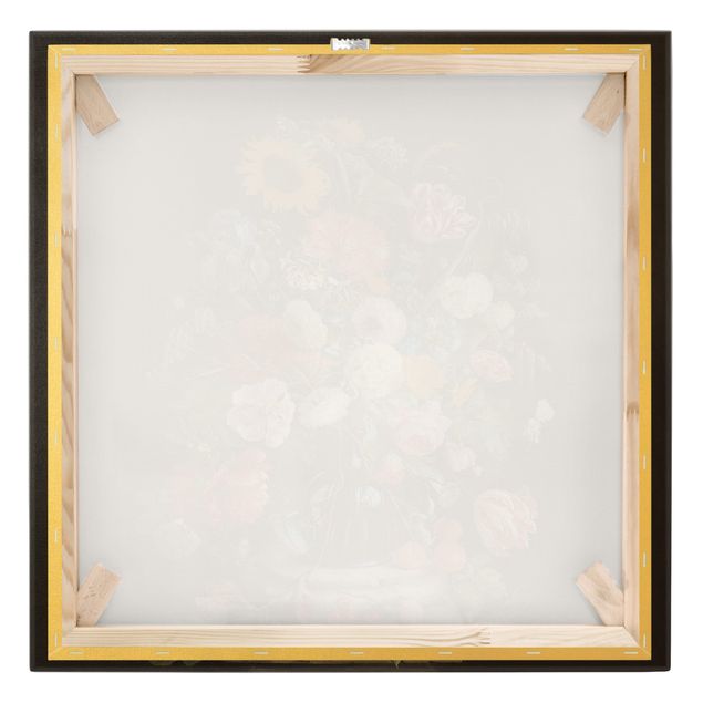 Stampe su tela Jan Davidsz de Heem - Tulipani, un girasole, un'iris e altri fiori in un vaso di vetro sulla base di marmo di una colonna